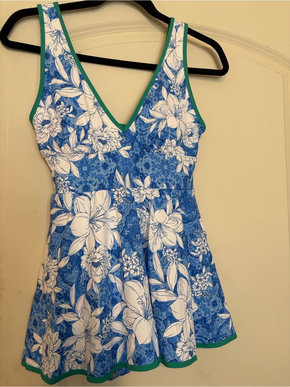 Johnny Was Blue and White Floral One-Piece Swimdress with Green Trim